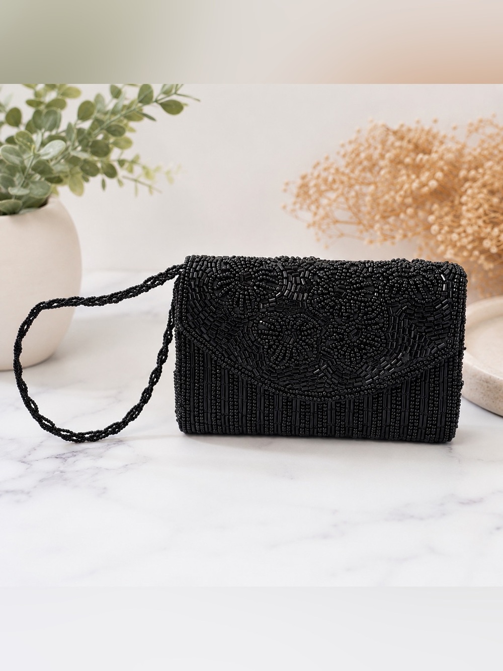 Embellished Black Beaded Evening Clutch